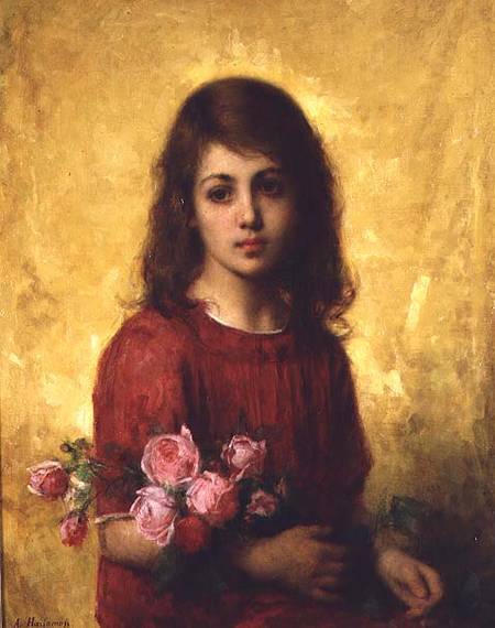 Portrait of a Young Girl holding a Bunch of Roses à Alexei Alexevich Harlamoff