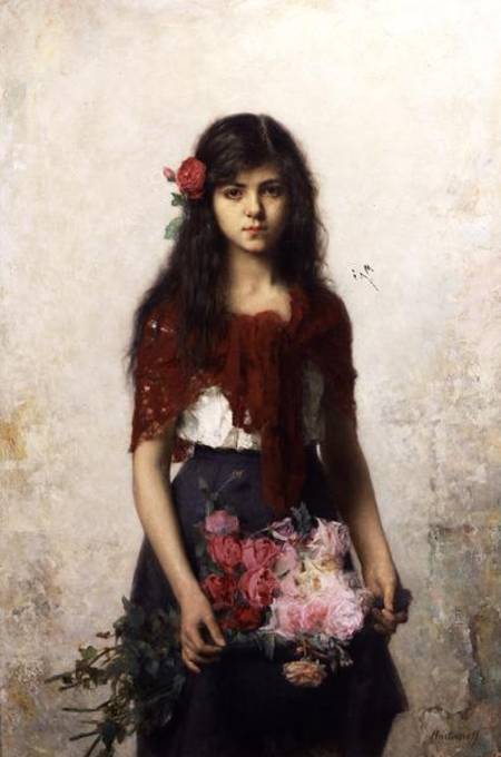 Young girl with blossoms à Alexei Alexevich Harlamoff