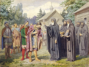 Fürst Dimitry bei Sergej von Radonesch vor der Schlacht gegen die Tataren à Alexej Danilovich Kivschenko