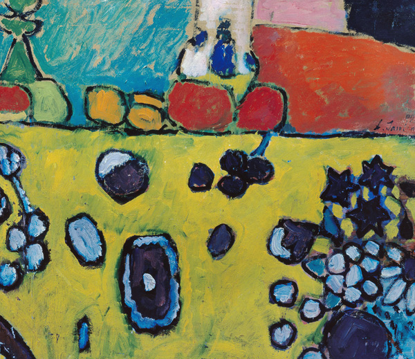 Still life with a colourful tablecloth à Alexej von Jawlensky