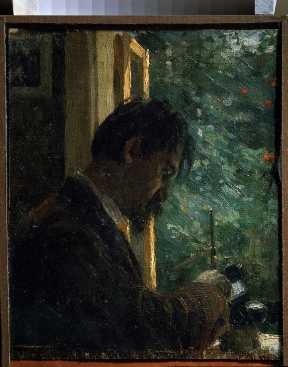 Portrait of the engraver Vasily Mathé  (1856-1917) at work à Alexej von Jawlensky
