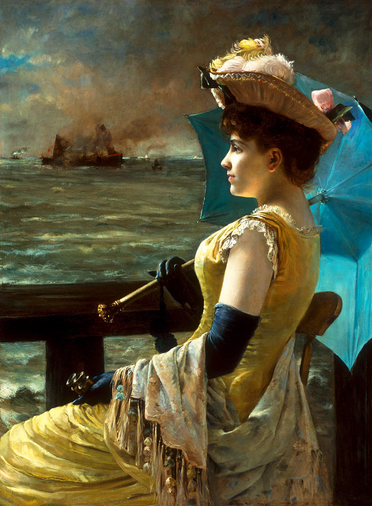 Dame mit einem Sonnenschirm, aufs Meer hinausschauend. à Alfred Stevens