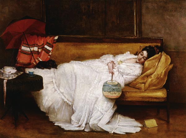 Schlafende junge Frau mit japanischem Fächer. à Alfred Stevens