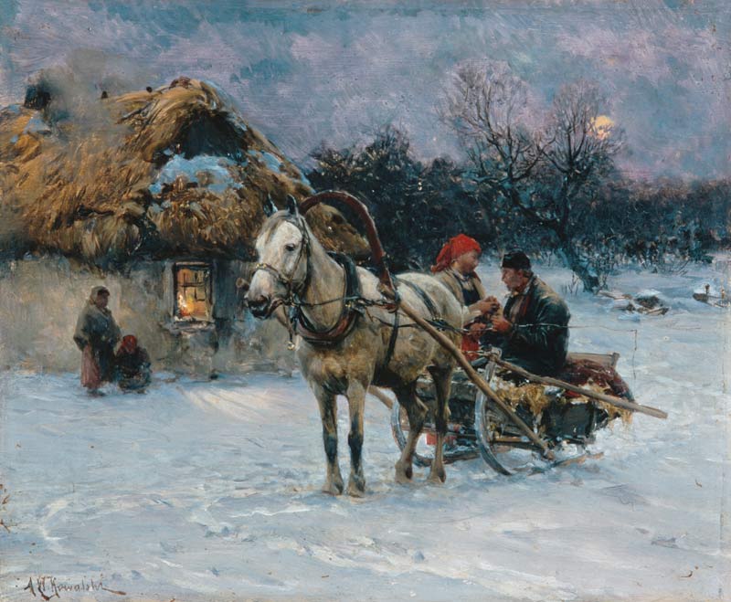 Paysage d'hiver polonais avec des transports à Alfred von Wierusz-Kowalski