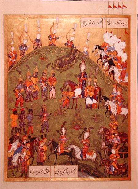 The Sultan Suleyman I (1495-1566) arriving at the fortress of Bogurdelen, from the 'Suleymanname' (M à Ali Amir Ali Amir Beg