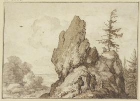 Einzeln stehender Fels mit einer Tanne, dabei drei Männer, ein vierter sitzt unter der Tanne