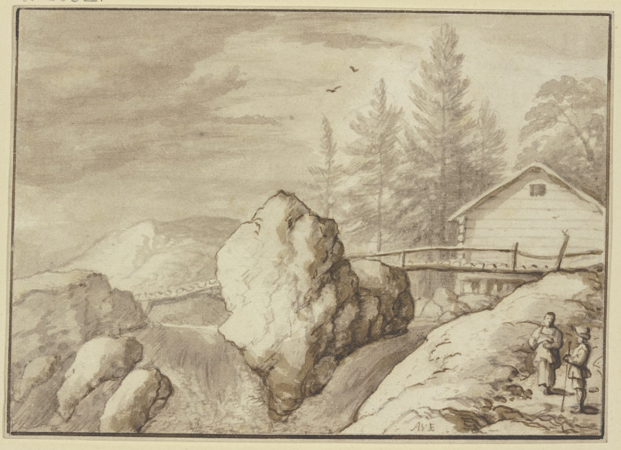 Zwischen Felsstücken ein Wasserfall, dabei ein Steg und ein Haus, rechts zwei Figuren à Allaert van Everdingen