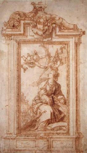 Architectural Design with Female Figure and Putti (pen & ink and wash on paper)
