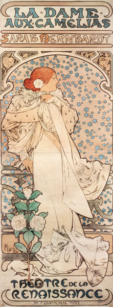Die Kameliendame mit Sarah Bernhardt.  Plakat für das Theatre de la Renaissance. à Alphonse Mucha