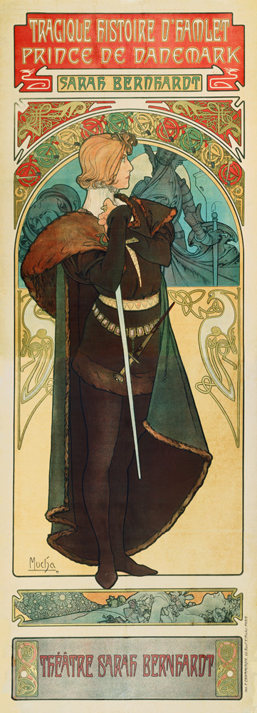 Poster for the theatre play Hamlet by W. Shakespeare in the Theatre Sarah Bernardt (Upper part) à Alphonse Mucha