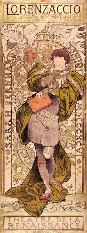 Poster for the theatre play Lorenzaccio by A. de Musset in the Theatre de la Renaissanse (Upper part à Alphonse Mucha