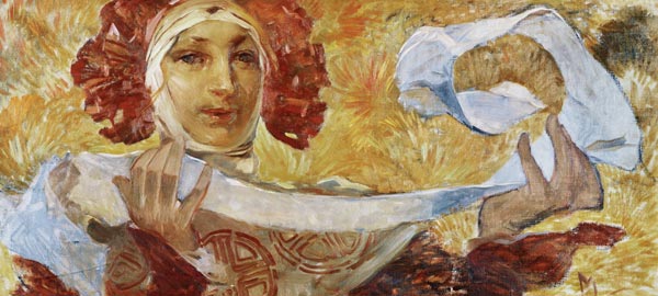 Woman with scarf.  à Alphonse Mucha