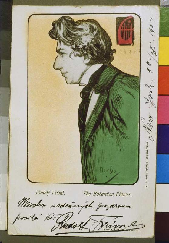Le Pianist Rudolf de Bohême Friml'carte postale avec un dévouement de concert Tournée de l'artiste à Alphonse Mucha