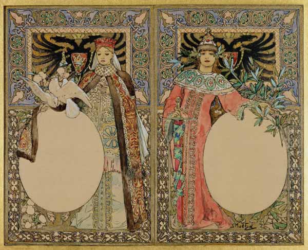 Buch-Illustration mit Frauen in Tracht. à Alphonse Mucha