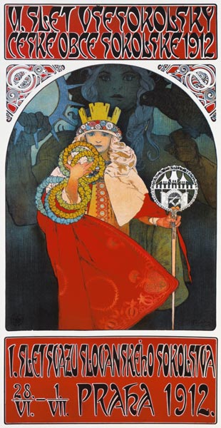 Plakat zum 6. Treffen der tschechischen Sokol-Vereinigung, Prag 1912.  à Alphonse Mucha