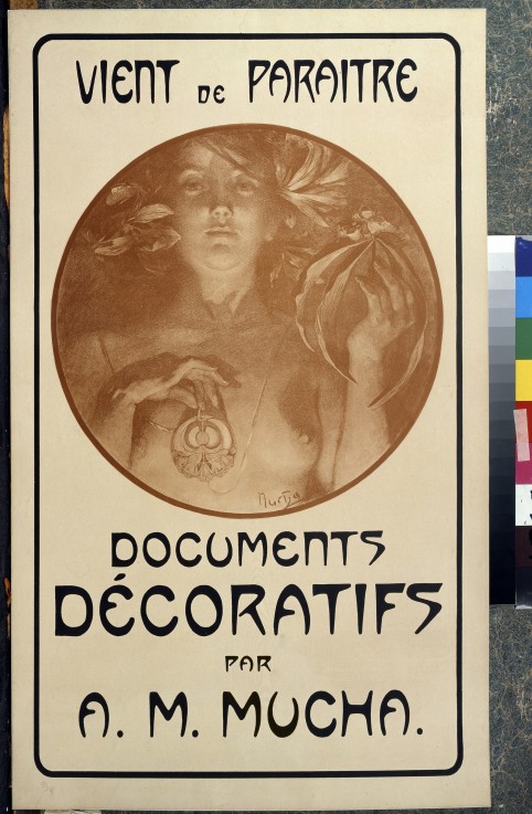 Advertisement for the monograph Decorative Documents by A. Mucha à Alphonse Mucha