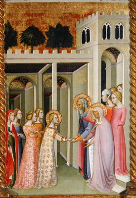 Triptych of the Coronation of the Virgin, right panel depicting the Virgin returning to her family h à also Manfredi de Battilori Bartolo di Fredi