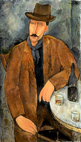 A seated man leaning on a table à Amadeo Modigliani