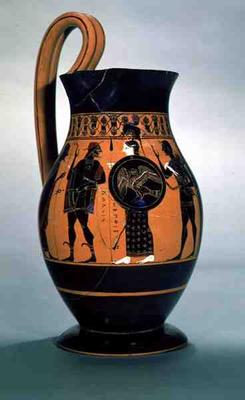 Attic black-figure olpe depicting Athena Confronting Poseidon, 6th century BC (pottery) à Amasis Painter