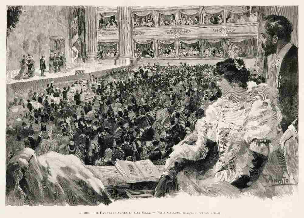 Giuseppe Verdi acclaimed in Teatro della Scala of Milan, following a performance of the opera Falsta à Amato Gennaro