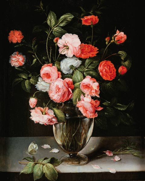 Rosen und Nelken in einer Glasvase auf einem Sims. à Ambrosius Brueghel