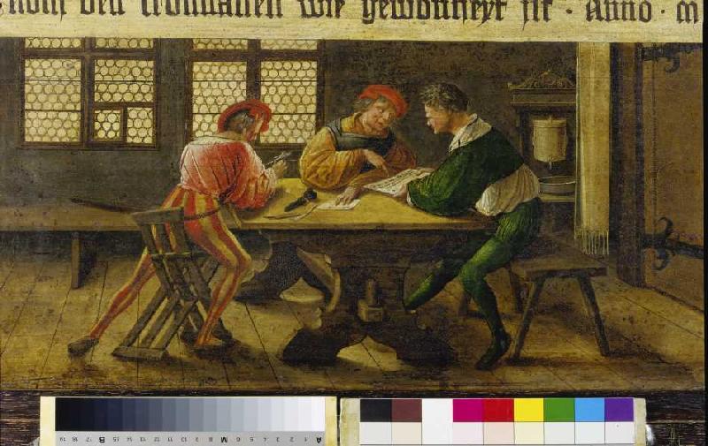 De deux de la lecture expliquent des maîtres d'école collaborateurs ignorants un document. à Ambrosius Holbein