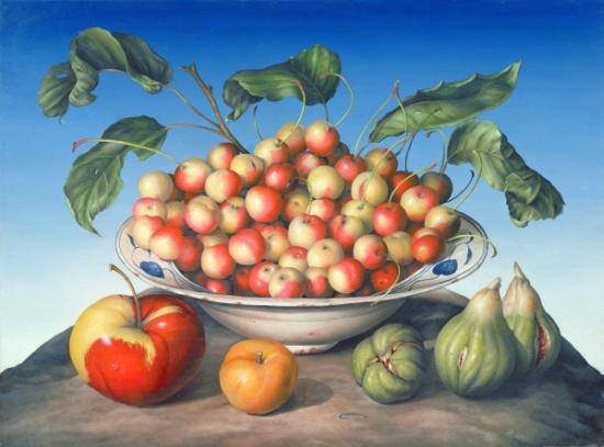 Cherries in Delft bowl with red and yellow apple à  Amelia  Kleiser