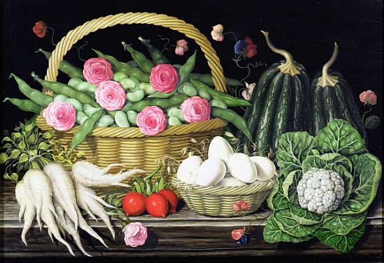 Eggs, broad beans and roses in basket à  Amelia  Kleiser