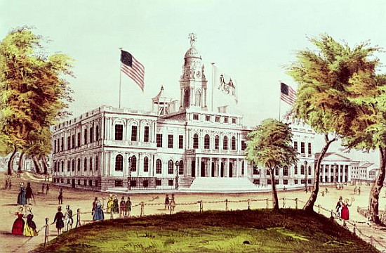 City Hall, New York; engraved by Nathaniel Currier (1813-88) à Ecole americaine