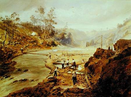 'Fortyniners' washing gold from the Calaveres River, California à Ecole americaine