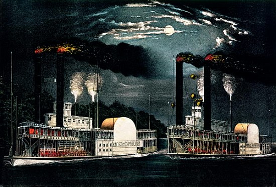Midnight Race on the Mississippi, published by  Currier and Ives à Ecole americaine