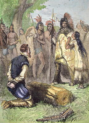Pocahontas saves the life of John Smith (coloured engraving) à Ecole americaine
