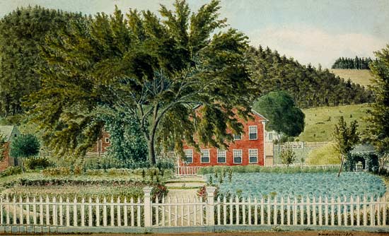 View of a Red House with a Picket Fence à Ecole americaine