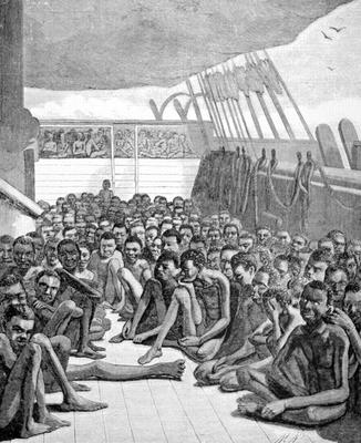 Slaves from Africa packed on the deck of a slaver ship bound for America (engraving) à Ecole americaine