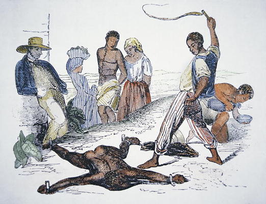 Whipping a slave in punishment (coloured engraving) à Ecole americaine