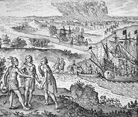 Pocahontas is enticed aboard the English ship to Jamestown (engraving) à École américaine (17ème siècle)