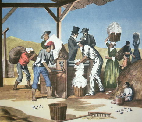 Eli Whitney's (1765-1825) Cotton Gin, operated by black slaves, 1793 (colour litho) à Ecole américaine, (18ème siècle)