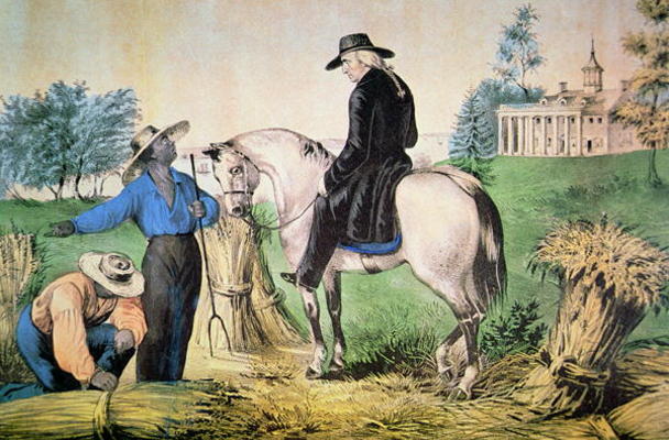 George Washington (1732-99) on his Mount Vernon estate with his black field hands, 1797 (colour lith à Ecole américaine, (18ème siècle)