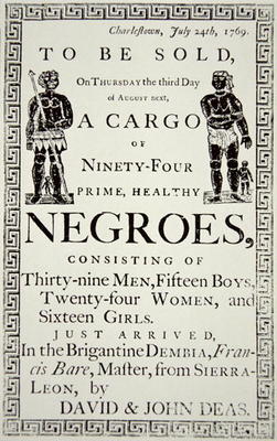 Slave Sale notice, published in Charleston, California, 24th July 1769 (print) à Ecole américaine, (18ème siècle)