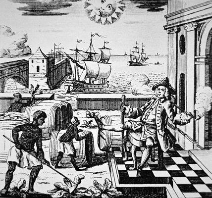 Tobacco trade scene in Virginia (engraving) à Ecole américaine, (18ème siècle)