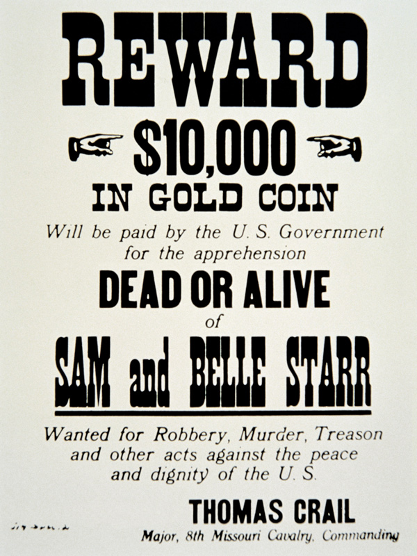 Reward poster for Belle Starr (1848-89) c.1882 (print) à École américaine, (19ème siècle)