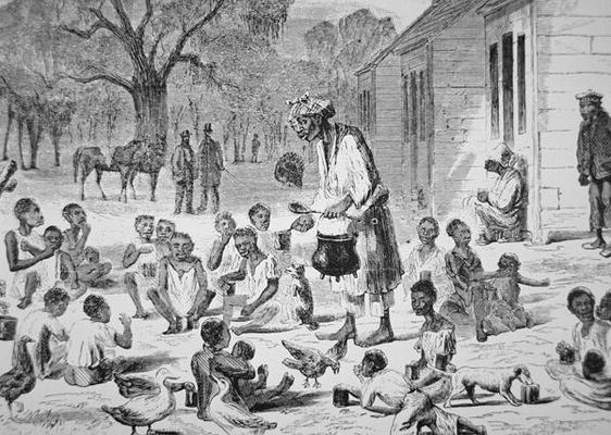 A cook feeding slave children on a Southern plantation, c.1860 (engraving) à École américaine, (19ème siècle)