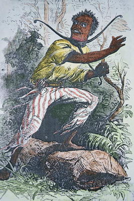 A runaway slave in the USA wearing a pronged slave-collar to hamper escape (colour litho) à École américaine, (19ème siècle)