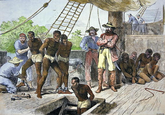 African slaves being taken on board ship bound for USA (coloured engraving) à École américaine, (19ème siècle)