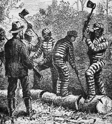 Black convicts on a chain-gang at work in Georgia (engraving) à École américaine, (19ème siècle)