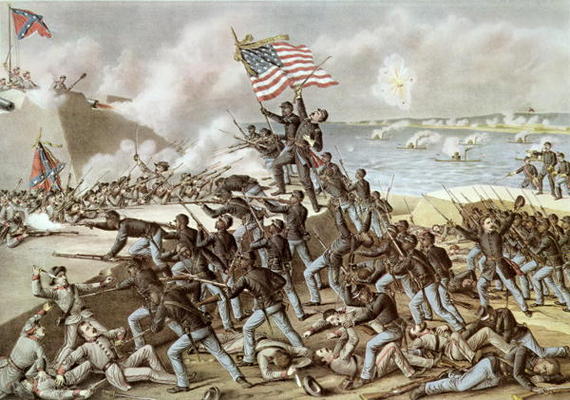 Black troops of the 54th Massachusetts Regiment during the assault of Fort Wagner, South Carolina, 1 à École américaine, (19ème siècle)