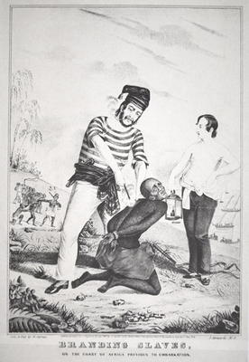 Branding slaves on the coast of Africa, prior to embarkation, 1845 (litho) à École américaine, (19ème siècle)