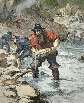 Prospectors panning for gold during the Californian Gold Rush of 1849 (coloured engraving) à École américaine, (19ème siècle)