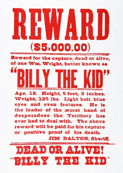 Reward Poster for Billy the Kid (1859-81) (litho) à École américaine, (19ème siècle)