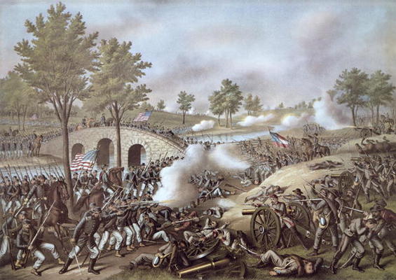 The Battle of Antietam, 1862, by Kurz & Allison (colour litho) à École américaine, (19ème siècle)